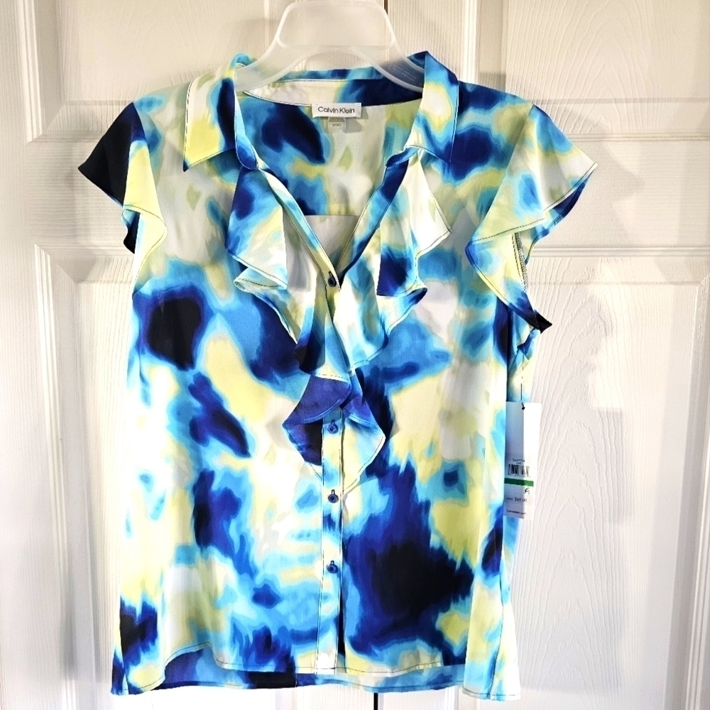 NWT Calvin Klein Multicolored  Ruffles Capped Sleeve Button Down Top Large - Picture 2 of 15